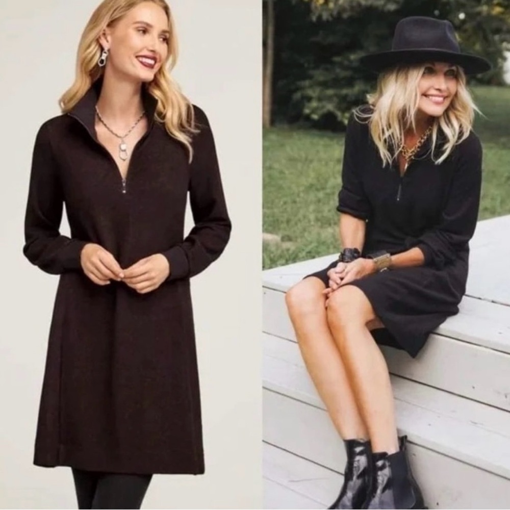 Cabi Brushed Knit Cuddle Dress L Soft Stretch 1/4 Zip Neck Black Red Knee Length - Picture 1 of 13